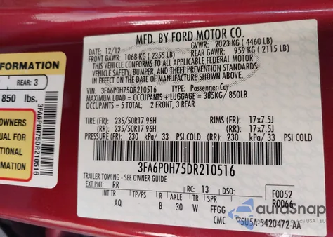 2013 Ford Fusion Se из США, поврежденный, VIN 3FA6P0H75DR210516